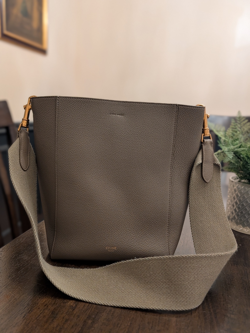 Celine Taupe Leather Crossbody Bag with Wide Fabric Strap
